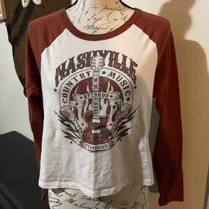 Ultra Flirt Nashville Country Music Long Sleeve Tee - Brown and White